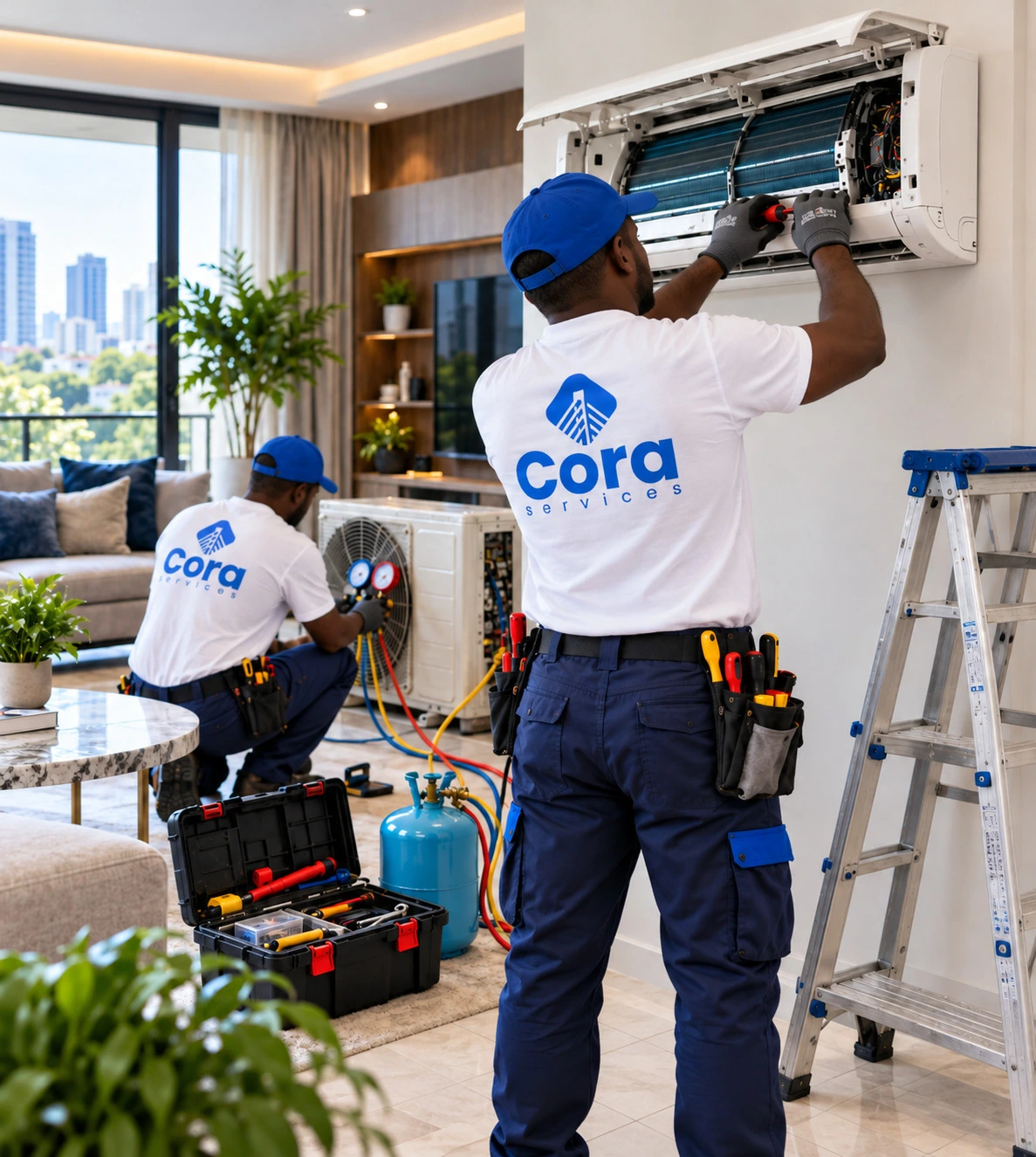 Technician servicing an air conditioning unit