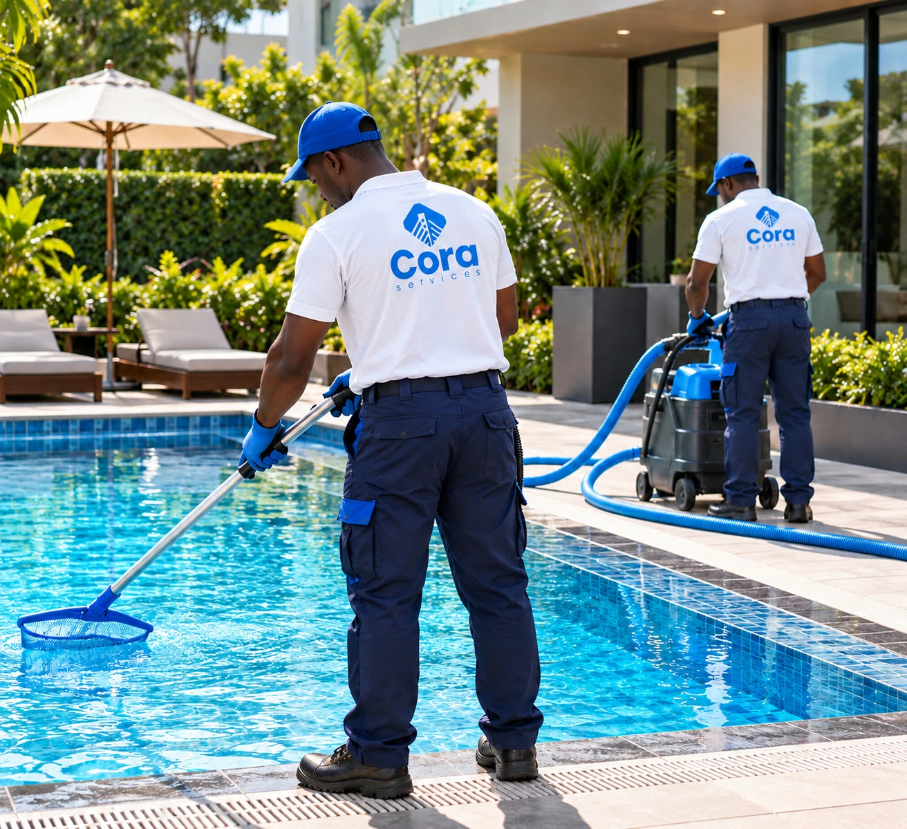 Technician cleaning a swimming pool